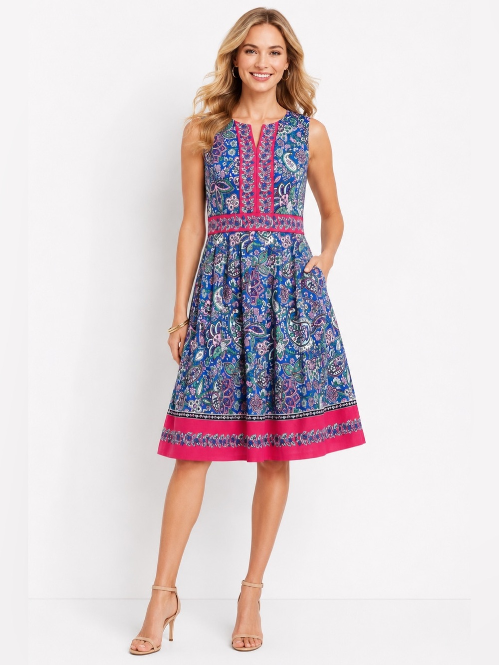 Talbots Petite Paisley Fit & Flare Dress Blue Pink Floral 8P